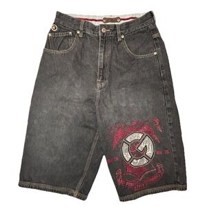 Y2K G-Unit Denim Shorts Youth 16 Black Baggy Hip Hop 50 Cent Embroidered Logo